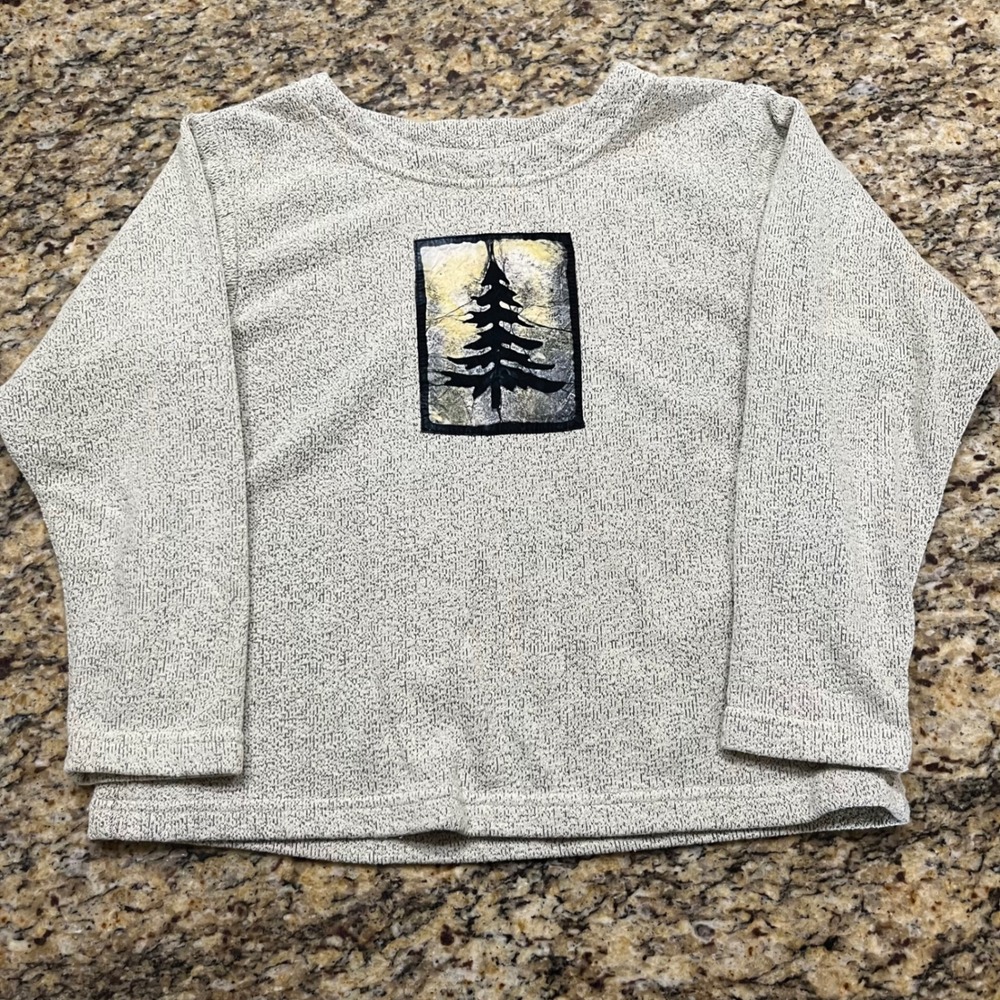 By Taylor Vintage Pine Tree Graphic Knit Top Cream Black Marled Long Sleeve S/M